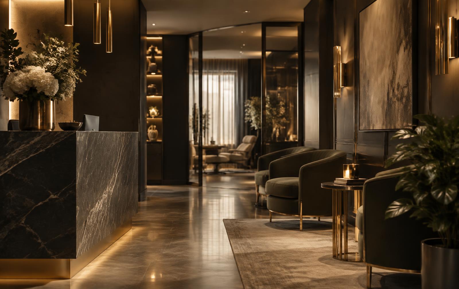 Recepción elegante de un negocio de servicios con iluminación cálida
